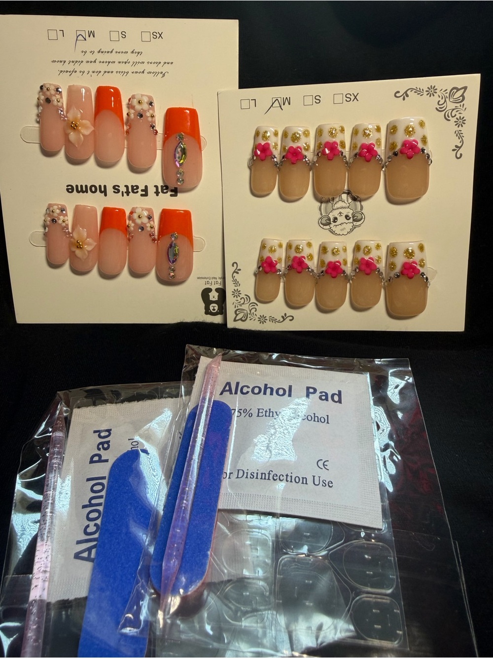 Press-On Nail Set with Pink and Orange Floral Accents